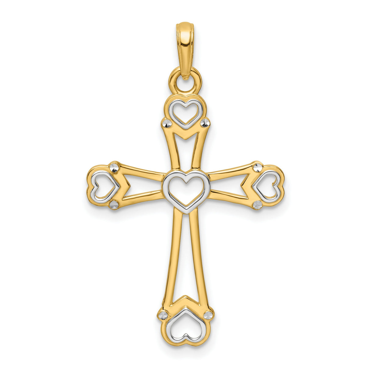 Diamond-Cut Cross with Hearts Charm Pendant in Real 14k Multi-Tone Gold