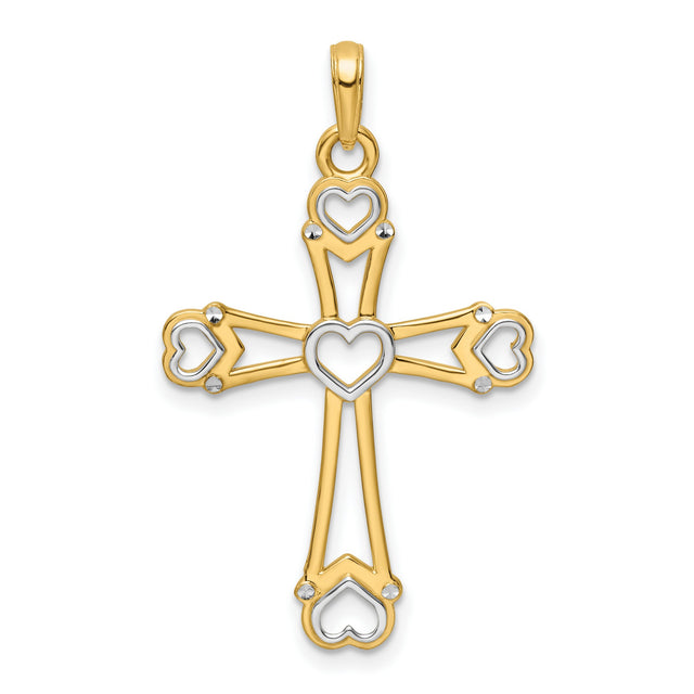Diamond-Cut Cross with Hearts Charm Pendant in Real 14k Multi-Tone Gold