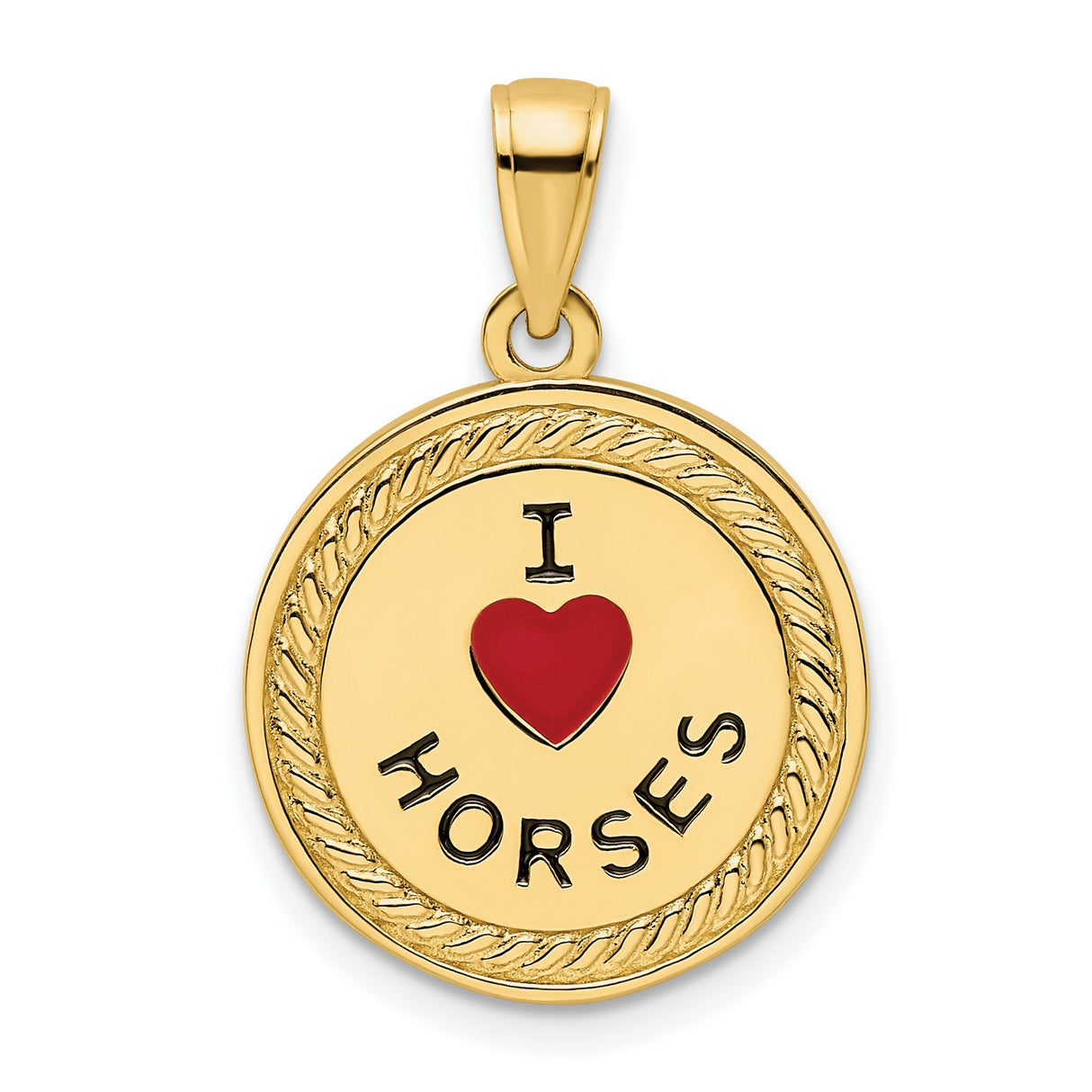 14k Yellow Gold Pendant with Red Heart and I Love Riding Message, Western Style Charm