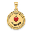 14k Yellow Gold Pendant with Red Heart and I Love Riding Message, Western Style Charm