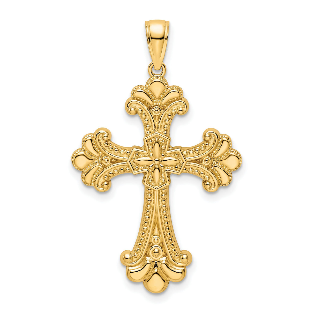 14k Yellow Gold Ornate Cross Pendant with Raised Center and Fleur de Lis Design