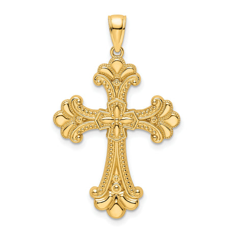 14k Yellow Gold Ornate Cross Pendant with Raised Center and Fleur de Lis Design