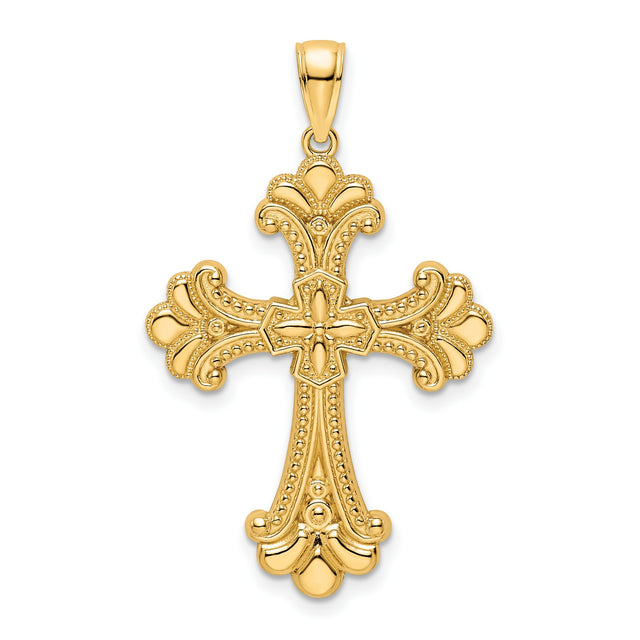 14k Yellow Gold Ornate Cross Pendant with Raised Center and Fleur de Lis Design