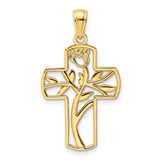 14k Yellow Gold Cross Pendant with Floral Rose Vine Design for Men and Women