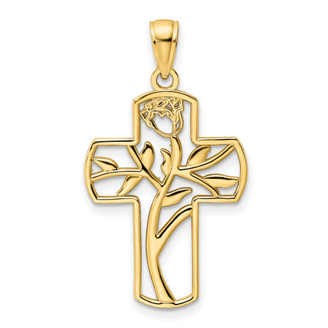 14k Yellow Gold Cross Pendant with Floral Rose Vine Design for Men and Women