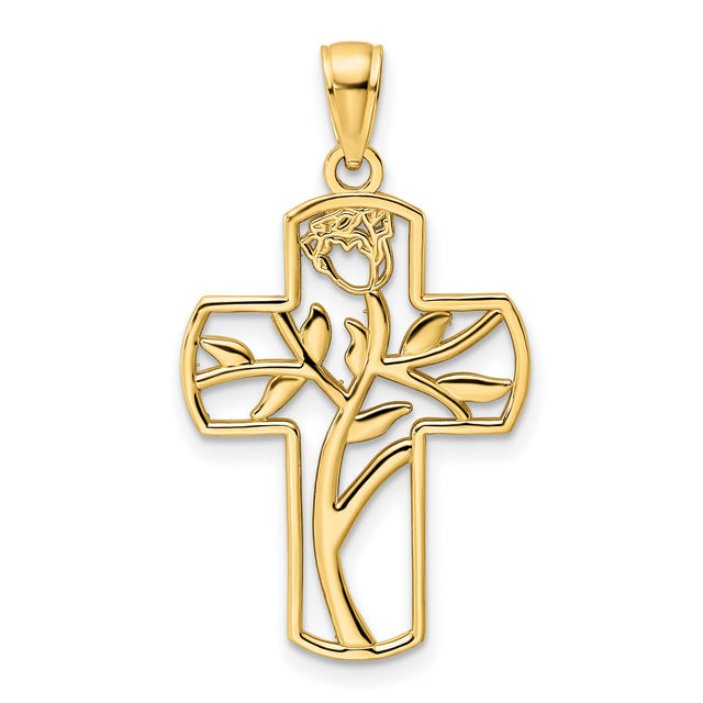 14k Yellow Gold Cross Pendant with Floral Rose Vine Design for Men and Women