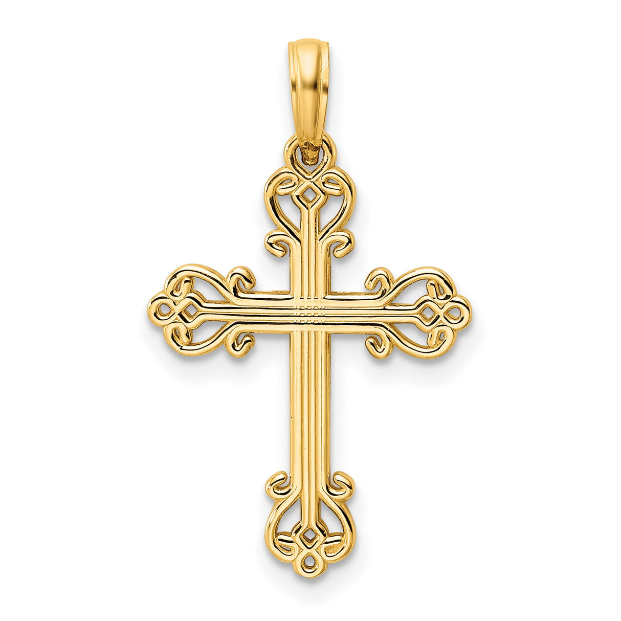 14k Yellow Gold Cross Pendant with Slender Scrollwork, Baroque Style for Men and Women