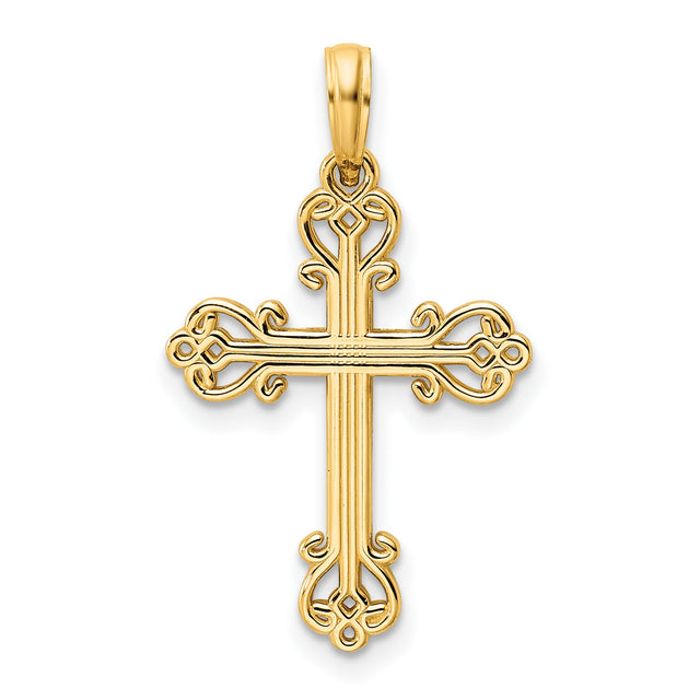 14k Yellow Gold Cross Pendant with Slender Scrollwork, Baroque Style for Men and Women