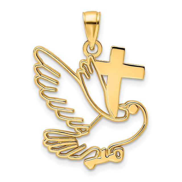 14k Yellow Gold Cross Charm with Dove and Olive Branch, Religious Pendant for Men and Women