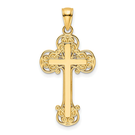 14k Yellow Gold Cross Pendant with Filigree Scrollwork Design for Men and Women