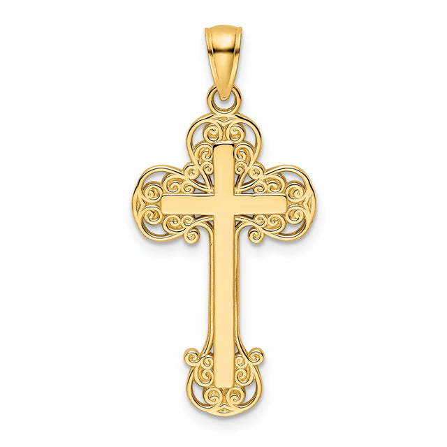 14k Yellow Gold Cross Pendant with Filigree Scrollwork Design for Men and Women