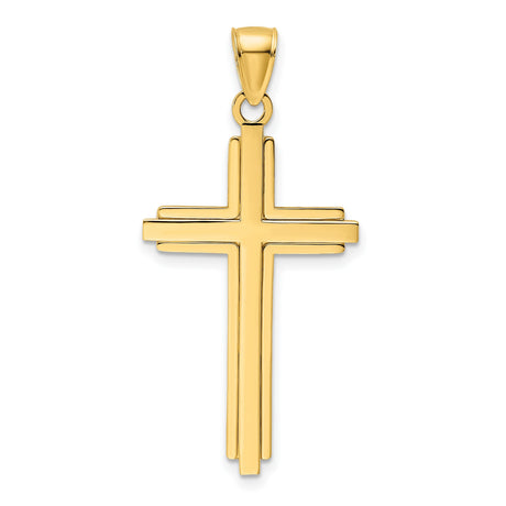 14k Yellow Gold Cross Pendant with Double Bar Design and Polished Beveled Edges
