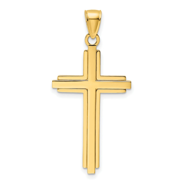 14k Yellow Gold Cross Pendant with Double Bar Design and Polished Beveled Edges