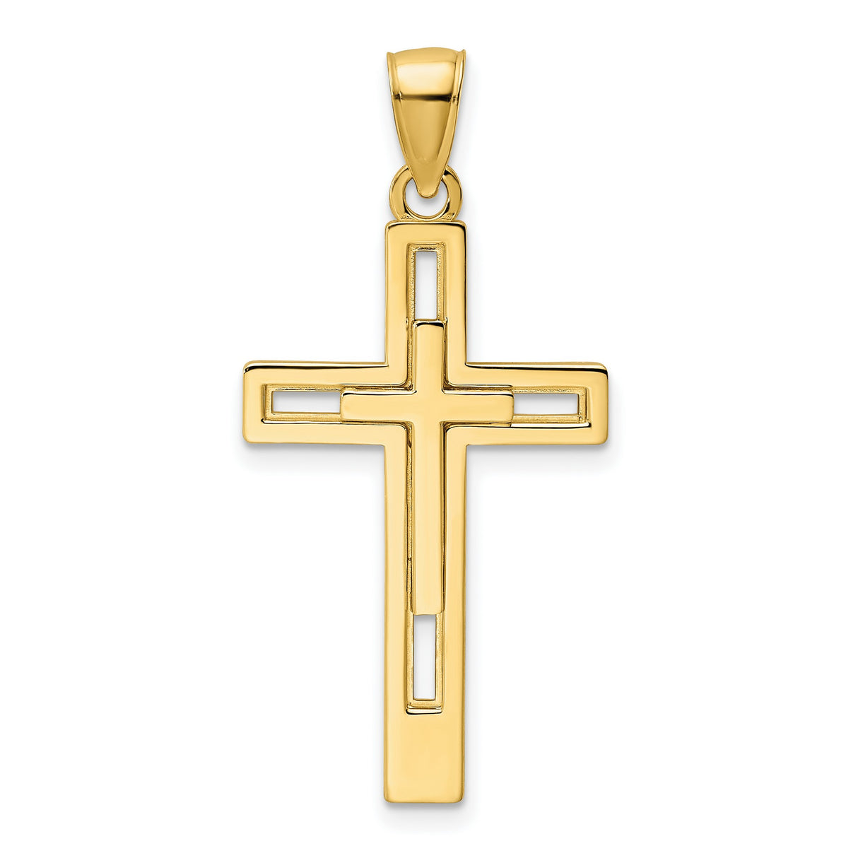 14k Yellow Gold Double Cross Pendant, Polished Minimalist Faith Design for Men and Women