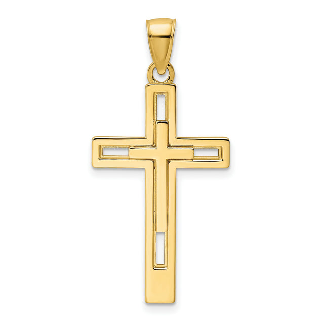 14k Yellow Gold Double Cross Pendant, Polished Minimalist Faith Design for Men and Women
