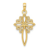 14k Yellow Gold Cross Pendant with Curved Design and Vintage Scrollwork for Men and Women