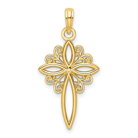 14k Yellow Gold Cross Pendant with Curved Design and Vintage Scrollwork for Men and Women