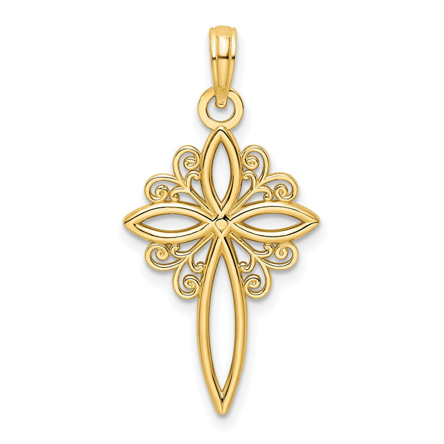 14k Yellow Gold Cross Pendant with Curved Design and Vintage Scrollwork for Men and Women
