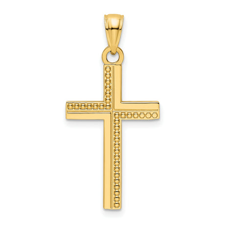 14k Yellow Gold Cross Pendant with Beaded Design, Polished Religious Jewelry for Men and Women