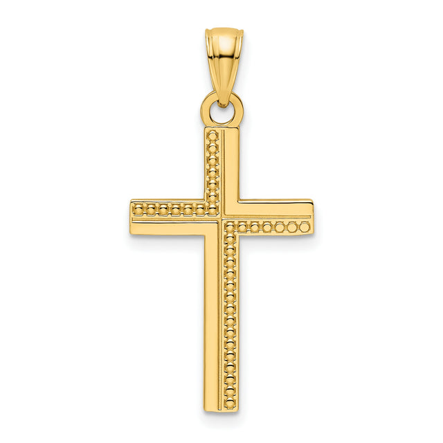 14k Yellow Gold Cross Pendant with Beaded Design, Polished Religious Jewelry for Men and Women