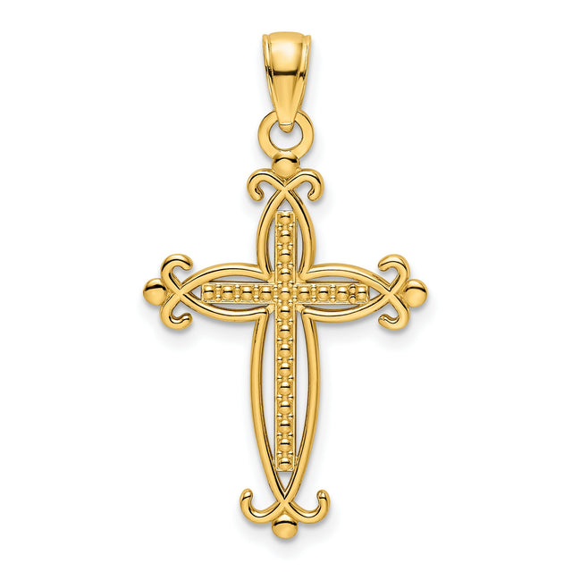 Polished Beaded Cross Charm Pendant in Real 14k Yellow Gold