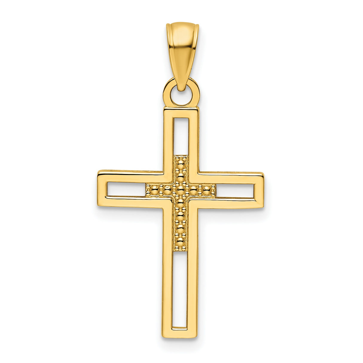 Polished Beaded Cross Charm Pendant in Real 14k Yellow Gold