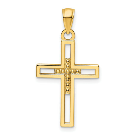 14k Yellow Gold Cross Pendant with Beaded Openwork Design for Men and Women