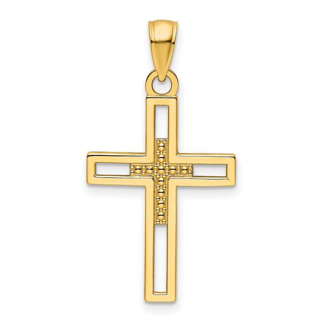 Polished Beaded Cross Charm Pendant in Real 14k Yellow Gold