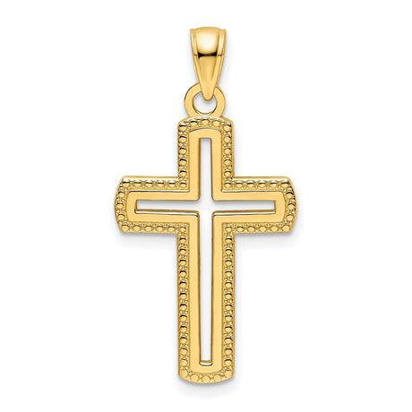 14k Yellow Gold Cross Pendant with Beaded Design and Polished Finish