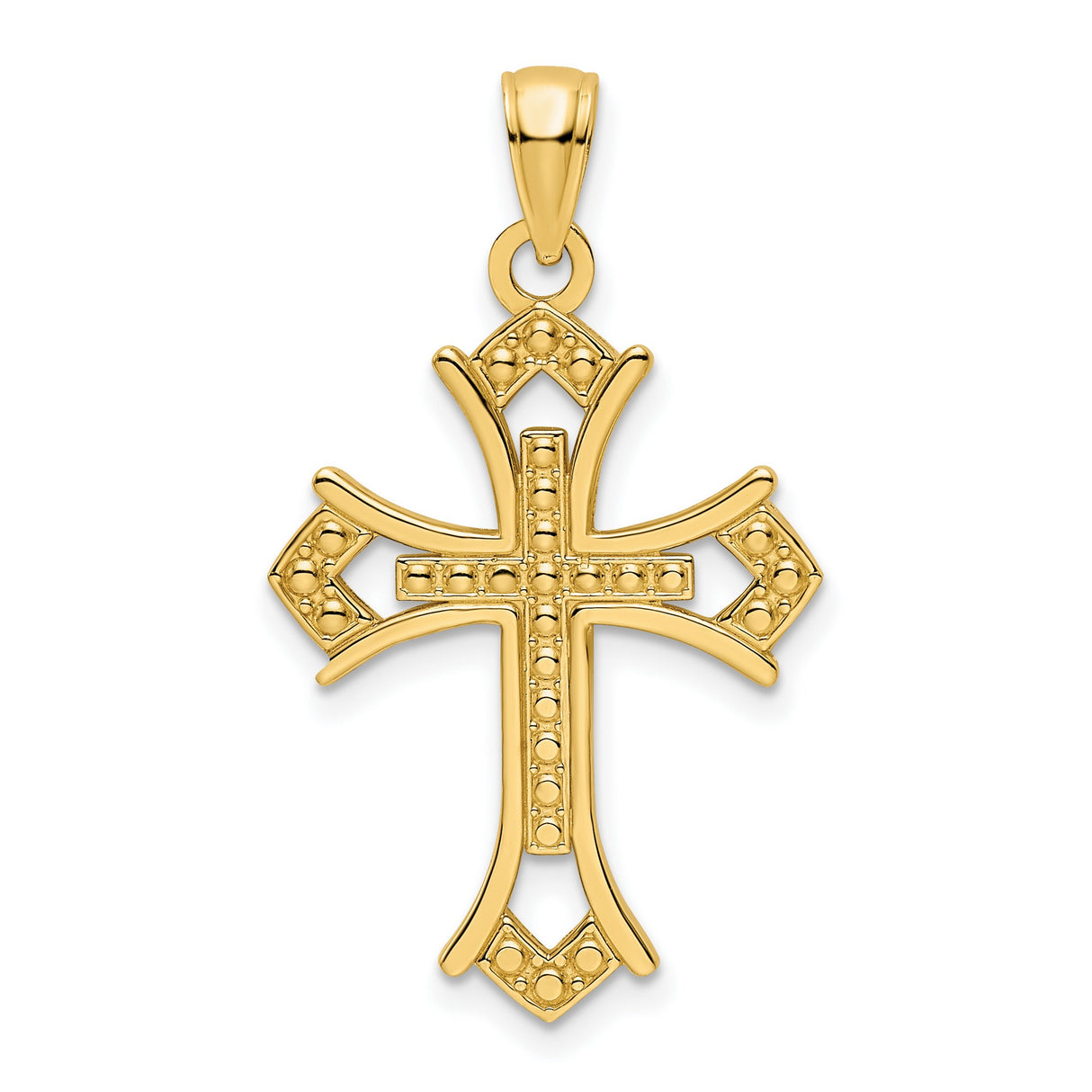 14k Yellow Gold Cross Pendant with Beaded Design and Flared Tips Faith Jewelry