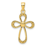 14k Yellow Gold Cross Pendant with Hollow Teardrop Design and Polished Texture