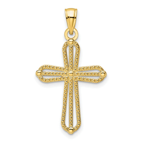14k Yellow Gold Cross Pendant with Beaded Design, Polished Detail, Classic Religious Charm