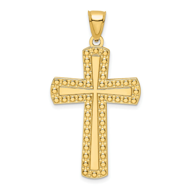 14k Yellow Gold Beaded Cross Pendant, Polished Religious Charm for Men and Women