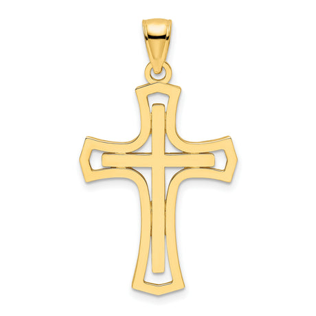 14k Yellow Gold Cross Pendant, Double Layered Polished Design, Modern Faith Jewelry