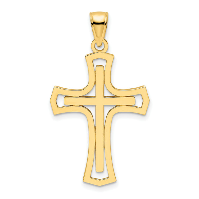 14k Yellow Gold Cross Pendant, Double Layered Polished Design, Modern Faith Jewelry