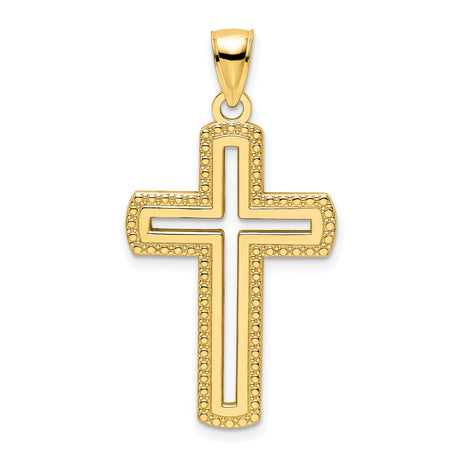 14k Yellow Gold Cross Pendant, Polished Beaded Design with Open Center for Men and Women