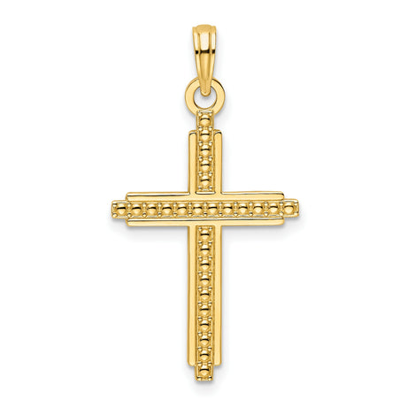 14k Yellow Gold Cross Pendant with Beaded Design and Mirror Finish for Men and Women