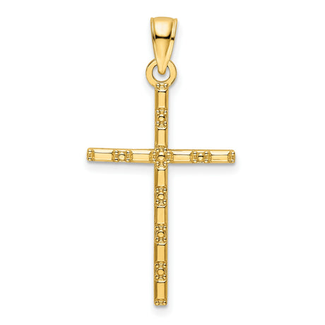 14k Yellow Gold Cross Pendant, Textured Beaded Design, Polished Finish, Religious Jewelry for Men and Women