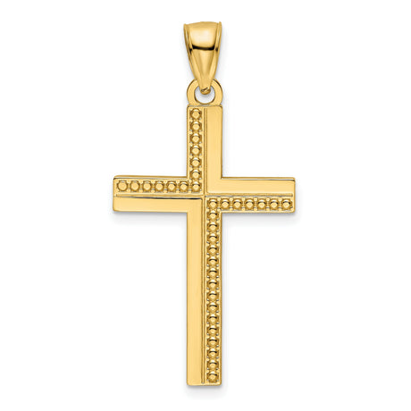 14k Yellow Gold Cross Pendant with Polished Beaded Design, Unisex Religious Charm