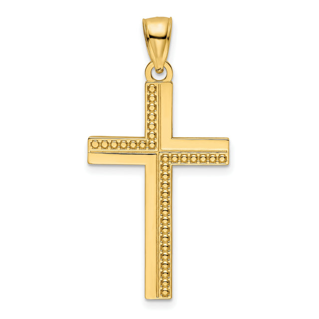 14k Yellow Gold Cross Pendant with Polished Beaded Design, Unisex Religious Charm