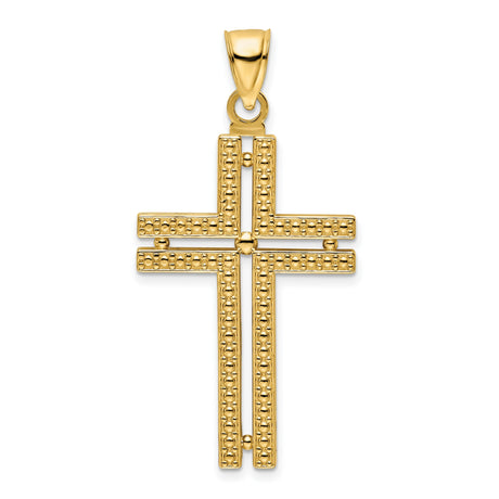 14k Yellow Gold Cross Pendant with Beaded Double Bar Design and Polished Finish