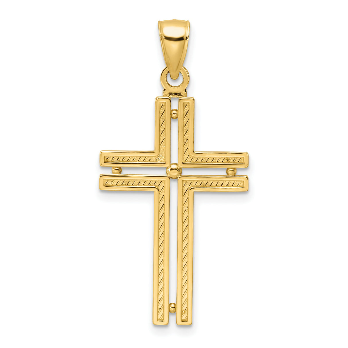 14k Yellow Gold Cross Pendant with Double Bar Beaded Design, Polished Finish, Religious Charm