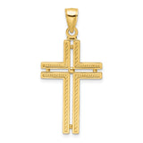 14k Yellow Gold Cross Pendant with Double Bar Beaded Design, Polished Finish, Religious Charm