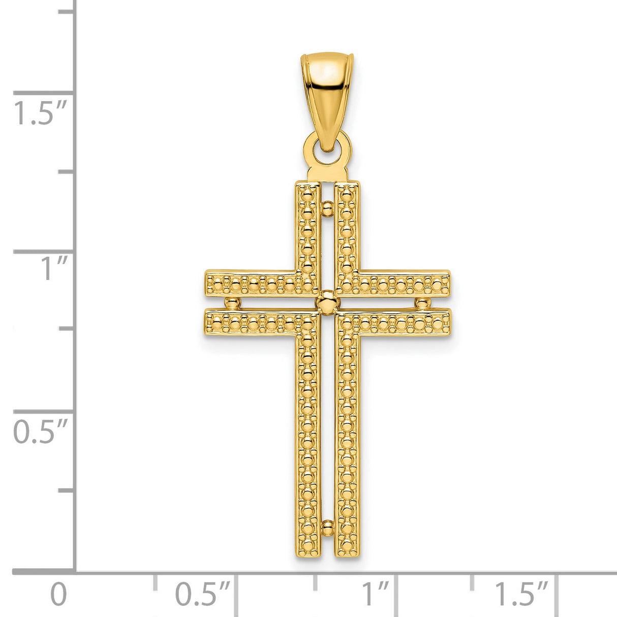 14k Yellow Gold Cross Pendant with Double Bar Beaded Design, Polished Finish, Religious Charm