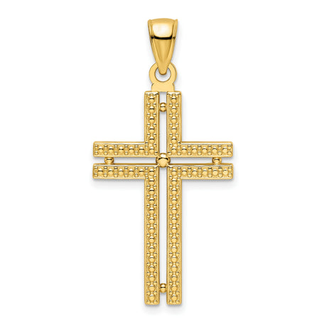 14k Yellow Gold Cross Pendant with Double Bar Beaded Design, Polished Finish, Religious Charm