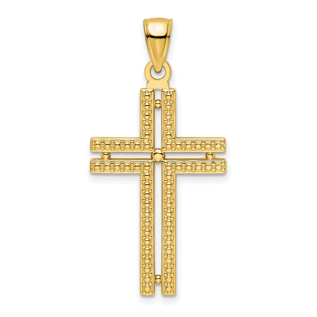 14k Yellow Gold Cross Pendant with Double Bar Beaded Design, Polished Finish, Religious Charm