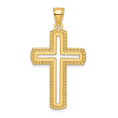 14k Yellow Gold Cross Pendant with Polished Beaded Openwork Design