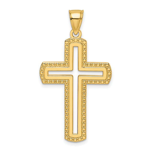 14k Yellow Gold Cross Pendant with Polished Beaded Openwork Design