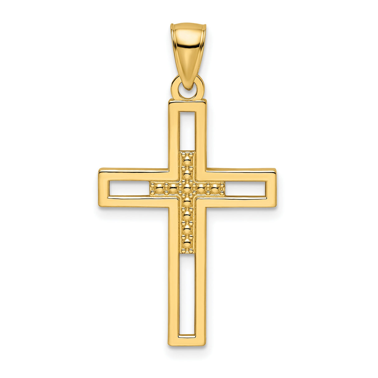 Beaded Polished Double Cross Charm Pendant in Real 14k Yellow Gold