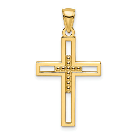 Beaded Polished Double Cross Charm Pendant in Real 14k Yellow Gold